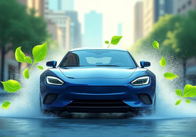 Shiny clean car with water droplets and green leaf accents representing eco-friendly car wash in Chicago
